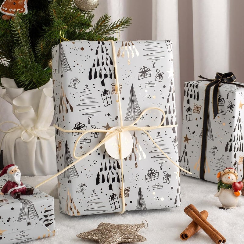 MAYPLUSS Christmas Gift Wrapping Paper - 17 Inch X 33 Feet - Minimalistic Elegant Christmas Tree Snowy Star with Metallic Foil Design Winter Holiday Gift Wrap Sheet for Party, Festive Decorations - Image 4